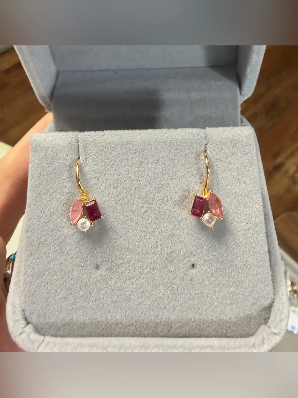 Stunning Natural 1.10CT Red & Pink Ruby & Topaz French Hook 18K Gold Earrings